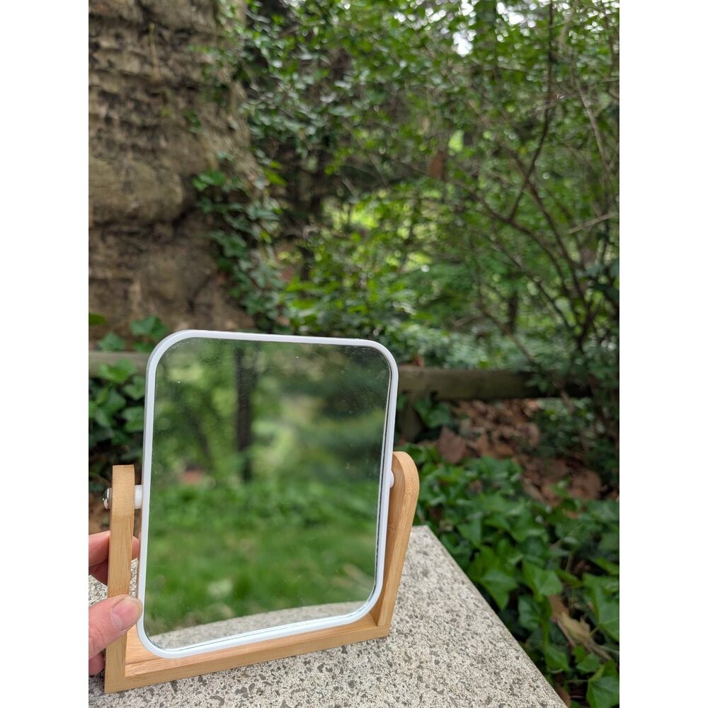 Modern Tabletop Vanity Mirror With Bamboo Stand White Framed 8.25 Inch